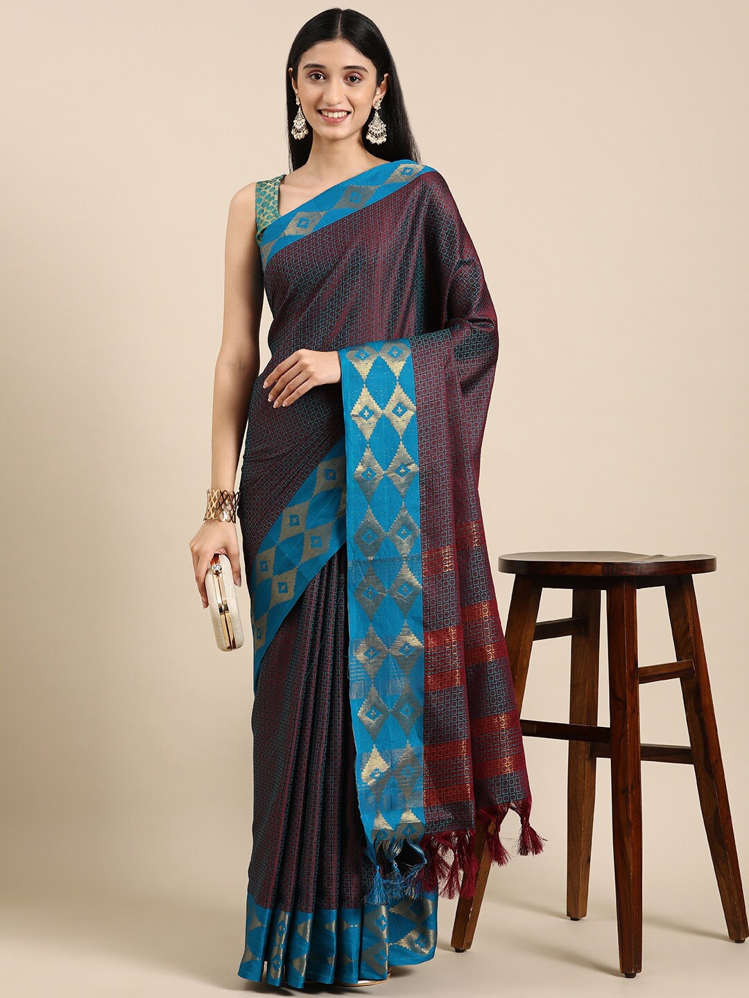 

PATLIPALLU Polka Dot Zari Art Silk Banarasi Saree, Brown