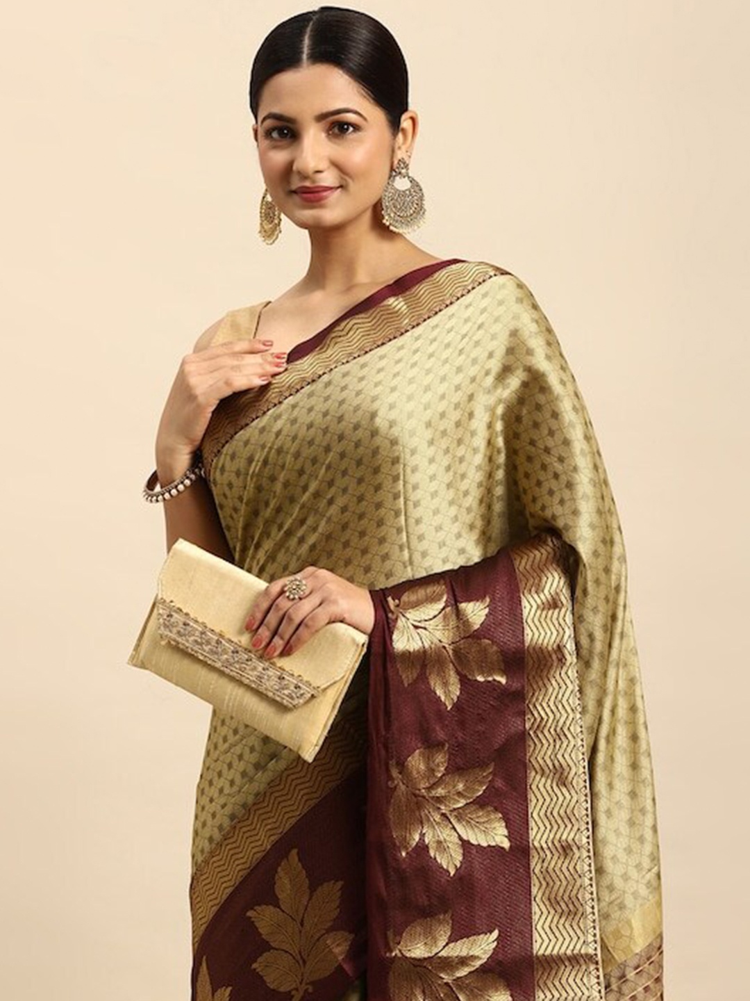 

PATLIPALLU Woven Design Zari Silk Cotton Banarasi Saree, Cream