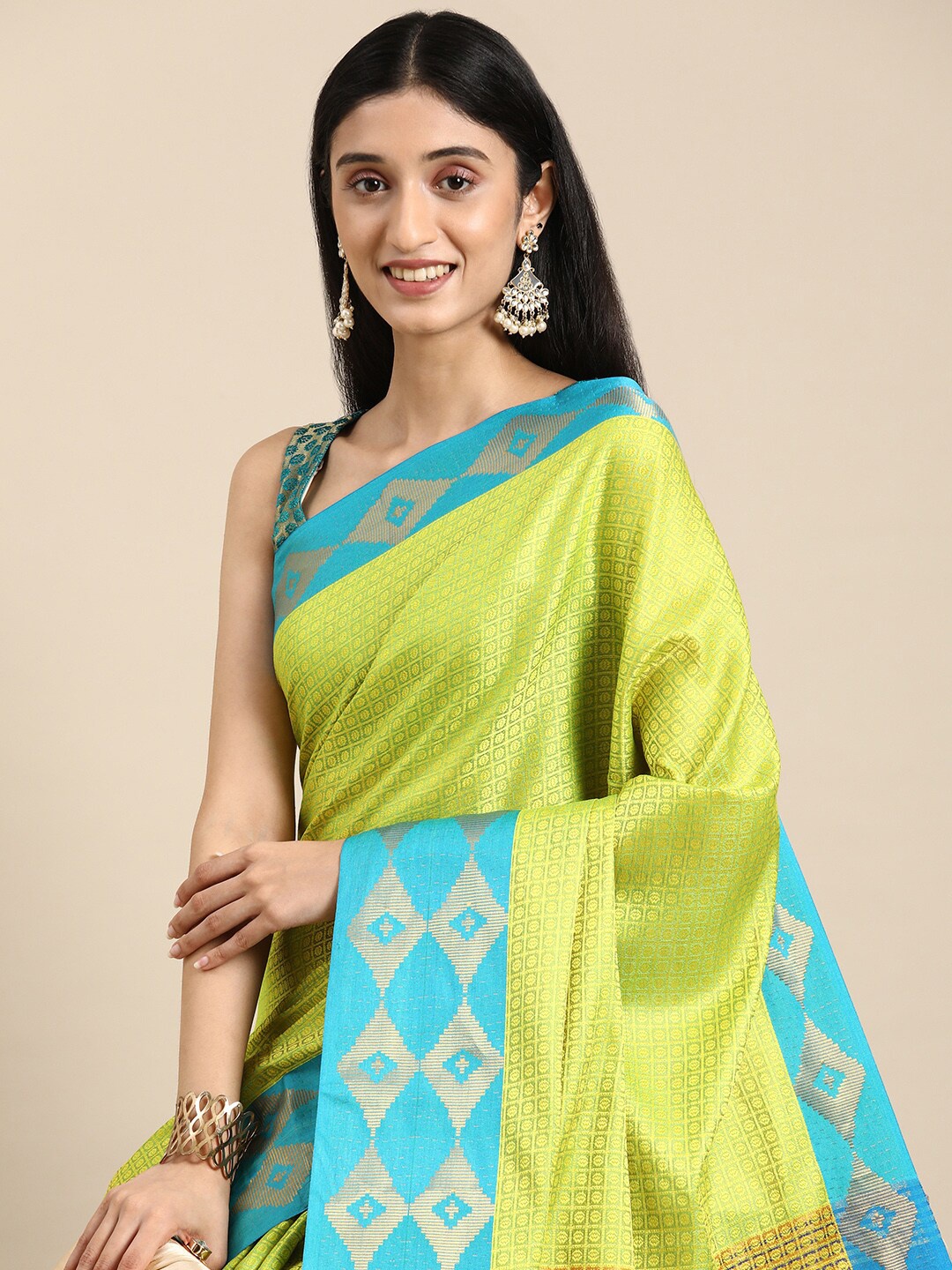

PATLIPALLU Woven Design Zari Art Silk Banarasi Saree, Lime green