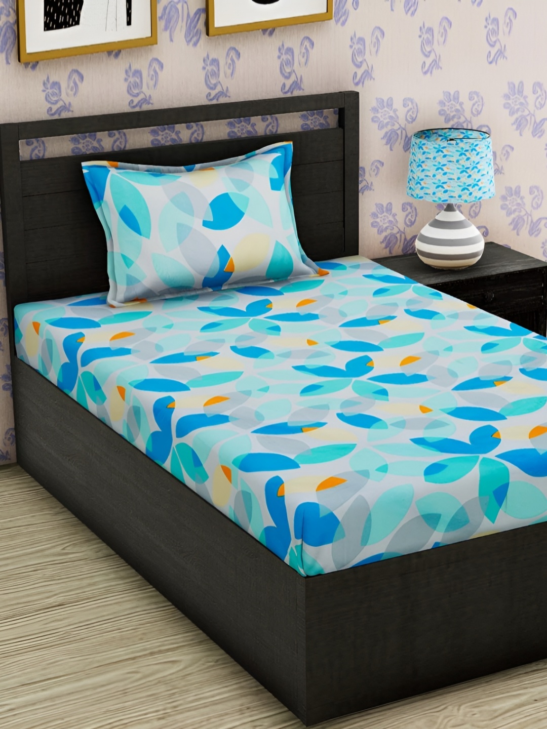 

RRC Green & Blue Floral 144 TC Single Bedsheet with 1 Pillow Covers