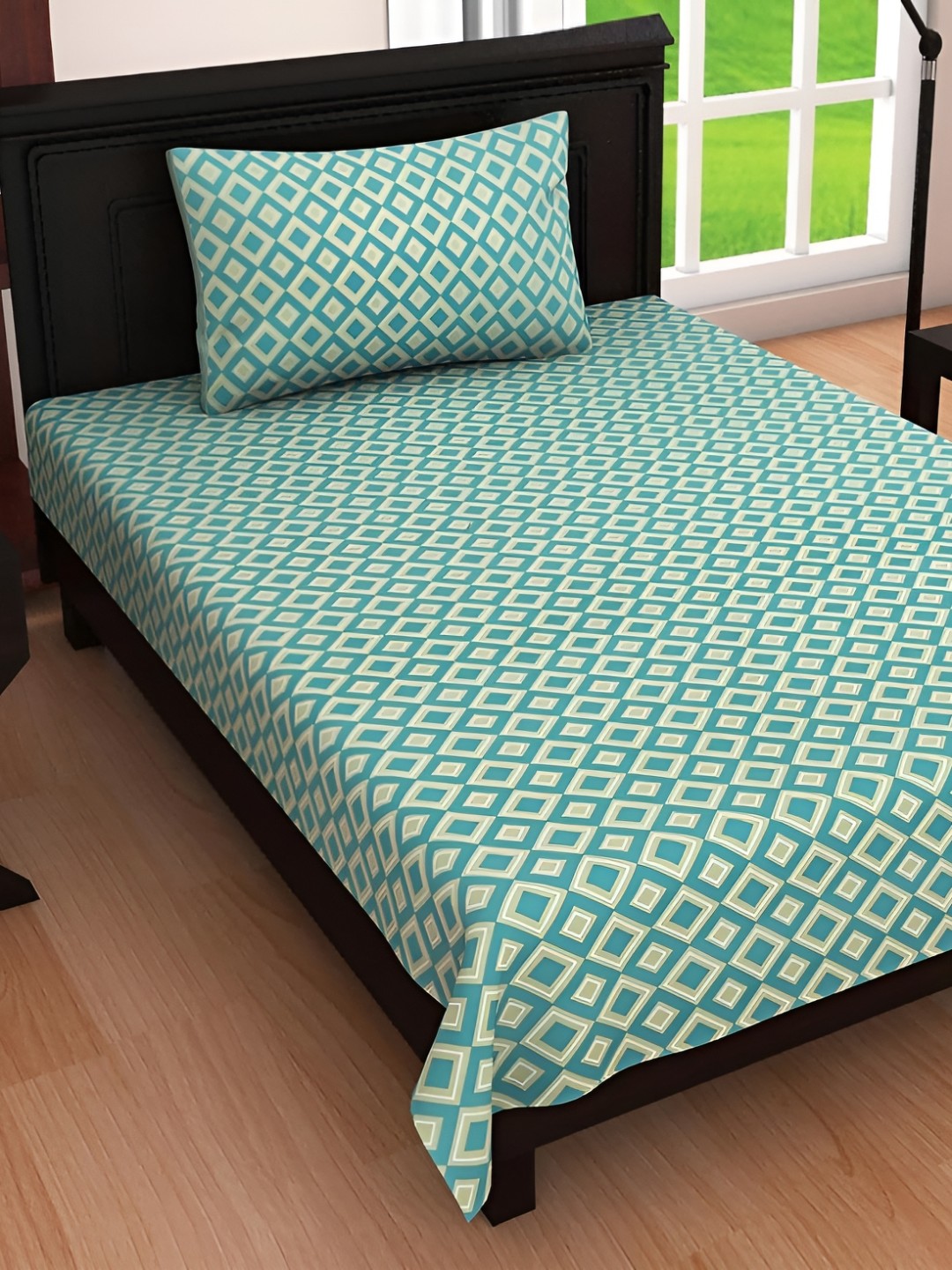 

RRC Turquoise Blue Geometric 144 TC Single Bedsheet with 1 Pillow Covers