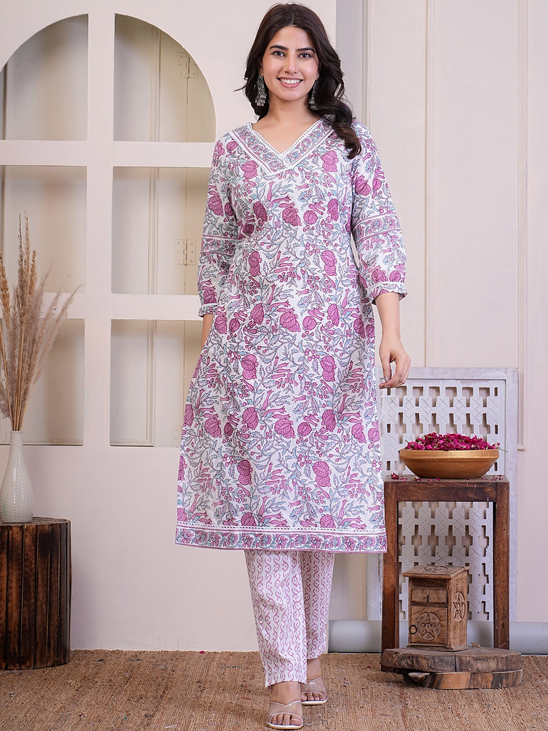 

SIGNORIA V Neck Floral Printed Thread Work Pure Cotton Straight Kurta with Trouser, Purple