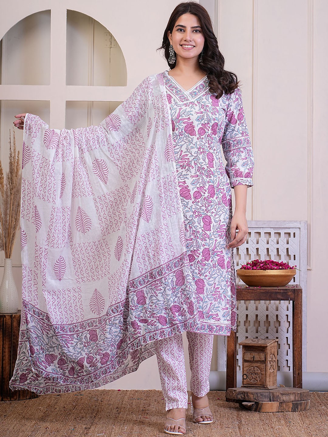 

SIGNORIA V Neck Floral Printed Thread Work Pure Cotton Kurta with Trouser & Dupatta, Purple