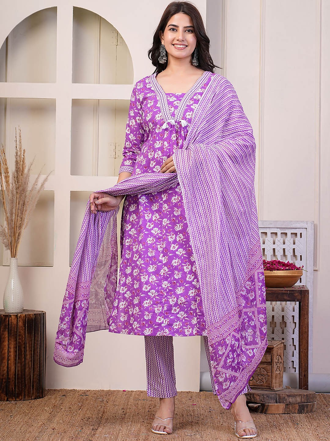 

SIGNORIA V Neck Floral Printed Thread Work Pure Cotton Kurta with Trouser & Dupatta, Purple