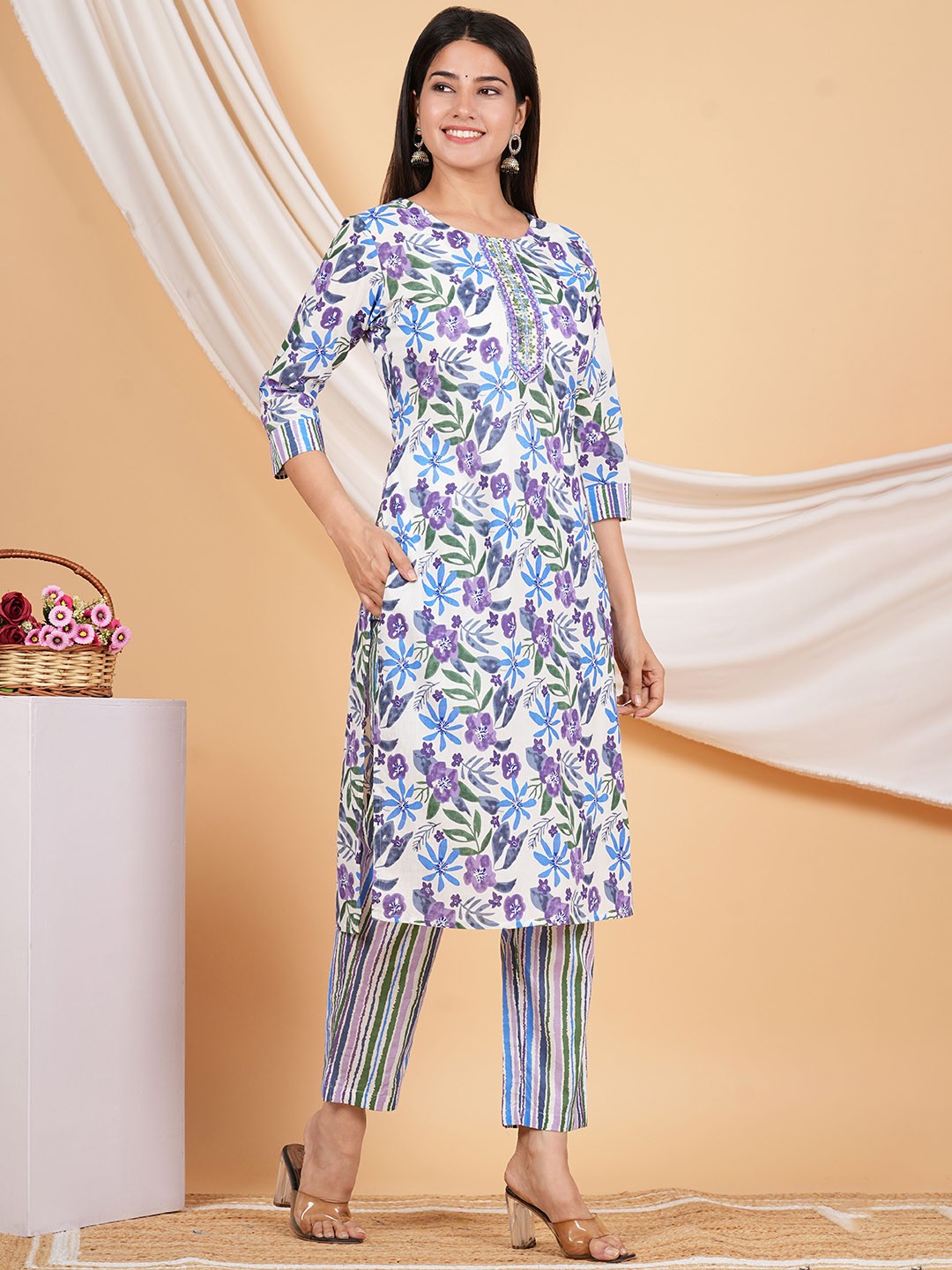 

SIGNORIA Round Neck Floral Printed Mirror Work Pure Cotton Straight Kurta with Trouser, Blue