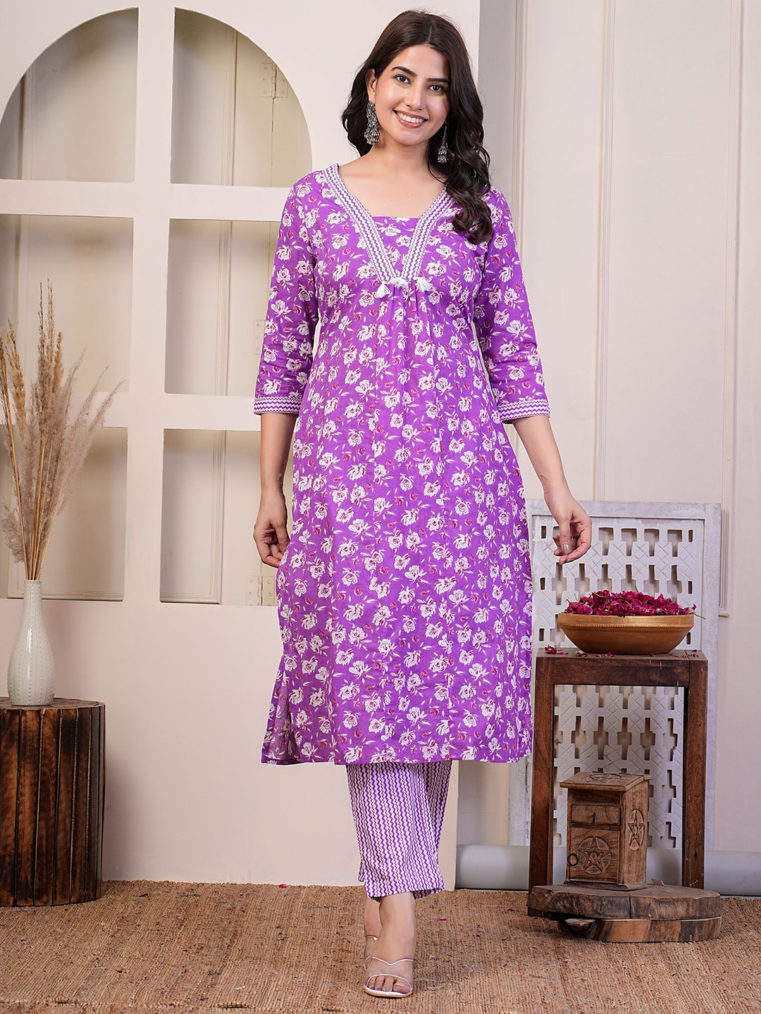 

SIGNORIA V Neck Floral Printed Thread Work Pure Cotton Straight Kurta with Trouser, Purple