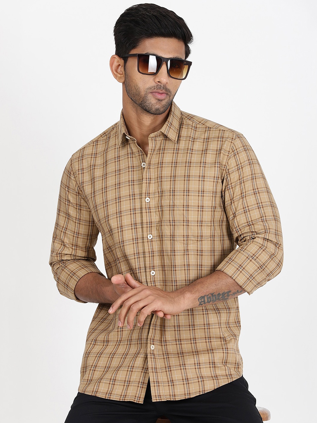 

JADE BLUE Men Slim Fit Tartan Checks Opaque Casual Shirt, Khaki