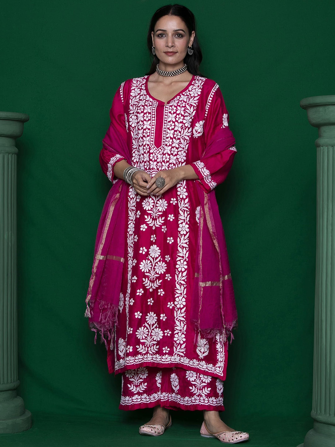 

House of Chikankari Chikankari Woven Kurta Set, Pink
