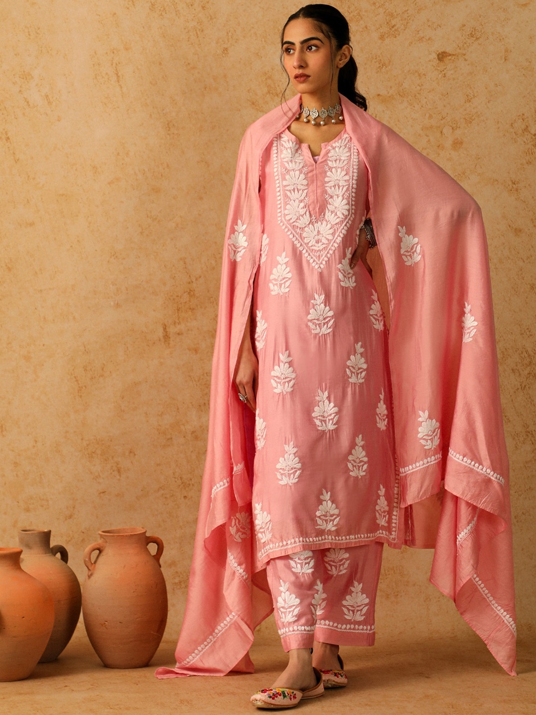 

House of Chikankari Floral Embroidered Straight Kurta With Trouser & Dupatta, Pink