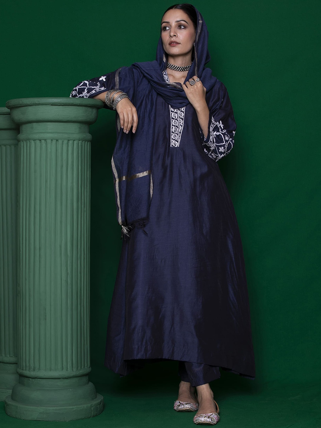 

House of Chikankari Floral Embroidered Anarkali Kurta With Trousers & Dupatta, Navy blue