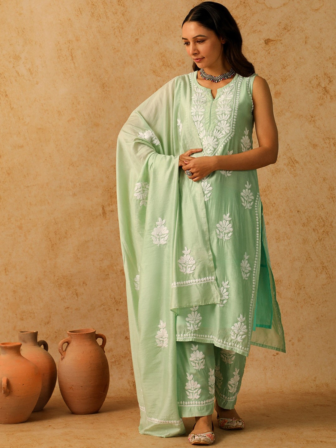 

House of Chikankari Floral Embroidered Sleeveless Straight Kurta With Trousers & Dupatta, Green