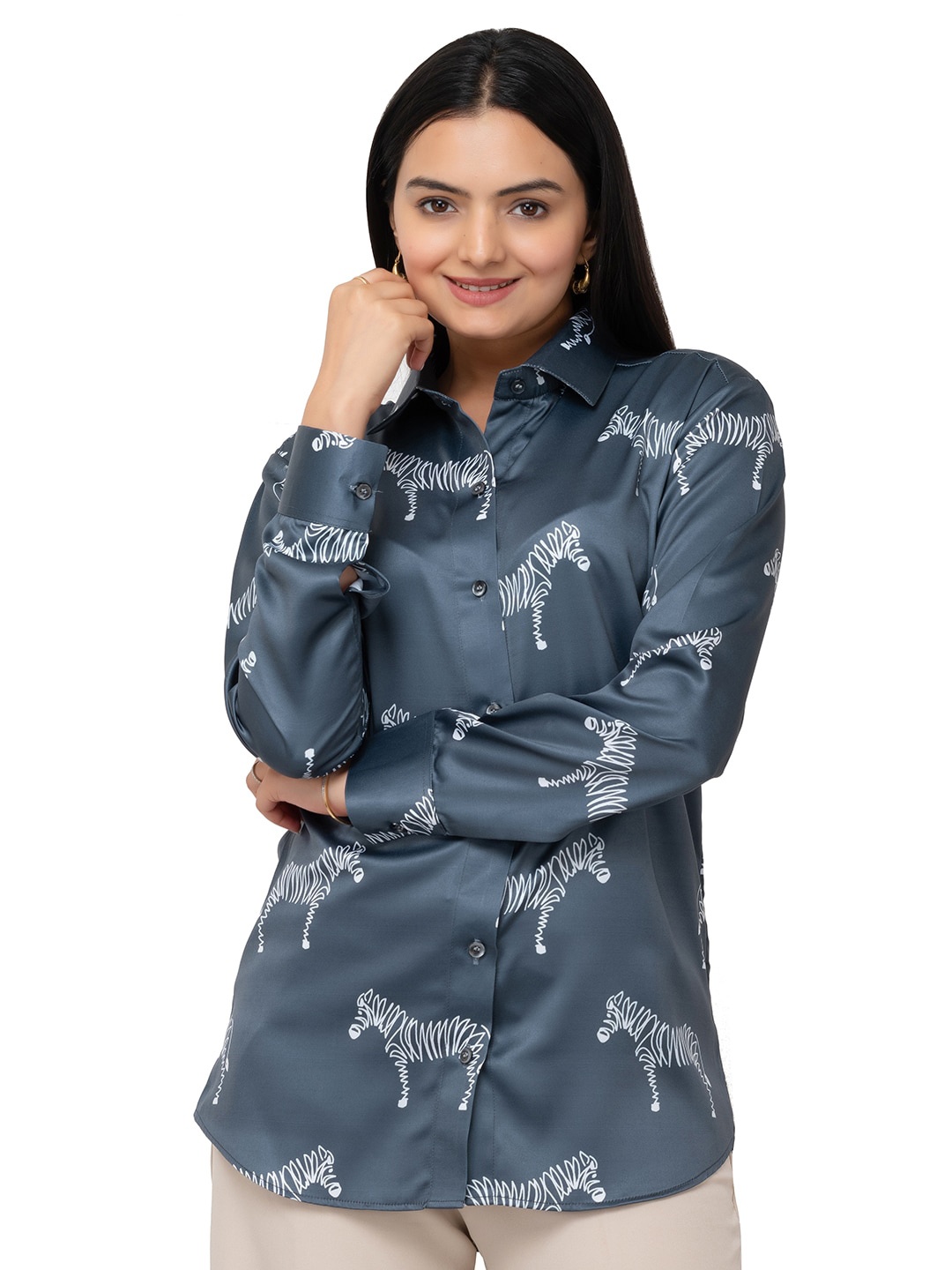 MatterBlue Women Custom Conversational Printed Casual Satin Shirt, Grey