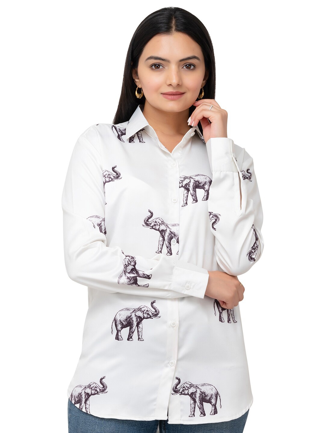 

MatterBlue Women Custom Opaque Animal Printed Satin Shirt, Off white