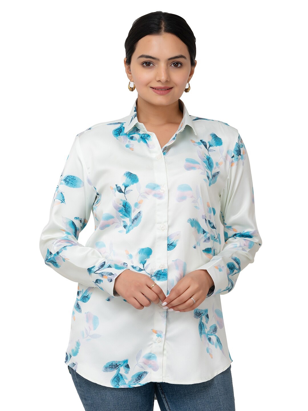 

MatterBlue Women Custom Opaque Floral Printed Casual Shirt, Off white