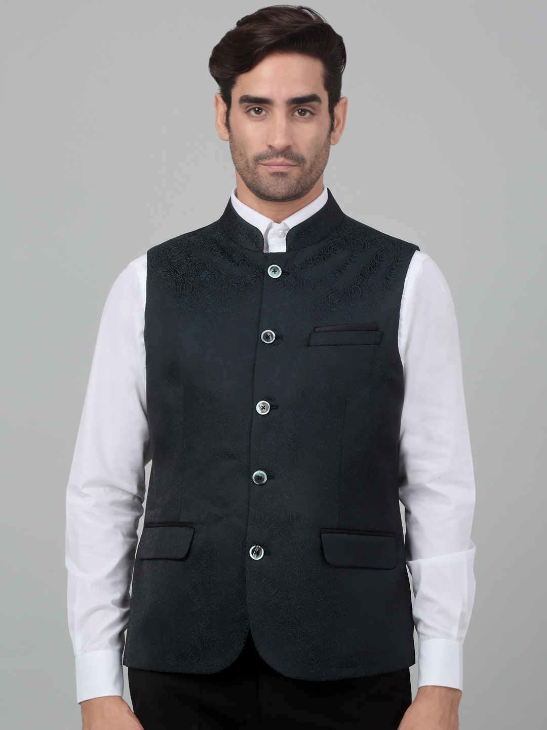 

Cantabil Woven Design Single-Breasted Slim Fit Nehru Jacket, Green