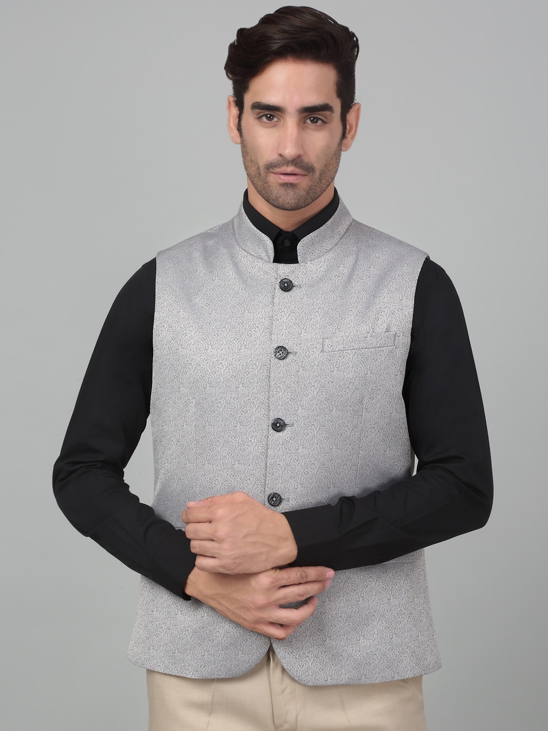 

Cantabil Woven Design Single-Breasted Slim Fit Nehru Jacket, Grey