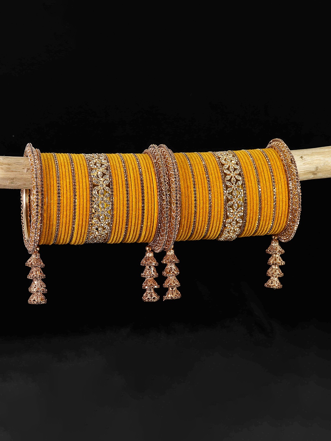 LAVAZZA Set Of 74 Zircon Studded Latkan Chuda Bangles, Yellow