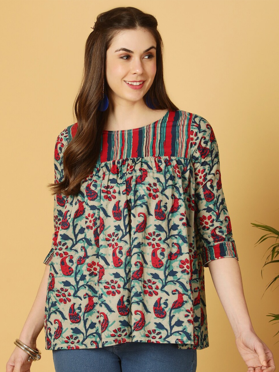 

antaran Floral Print Cotton Top, Multi