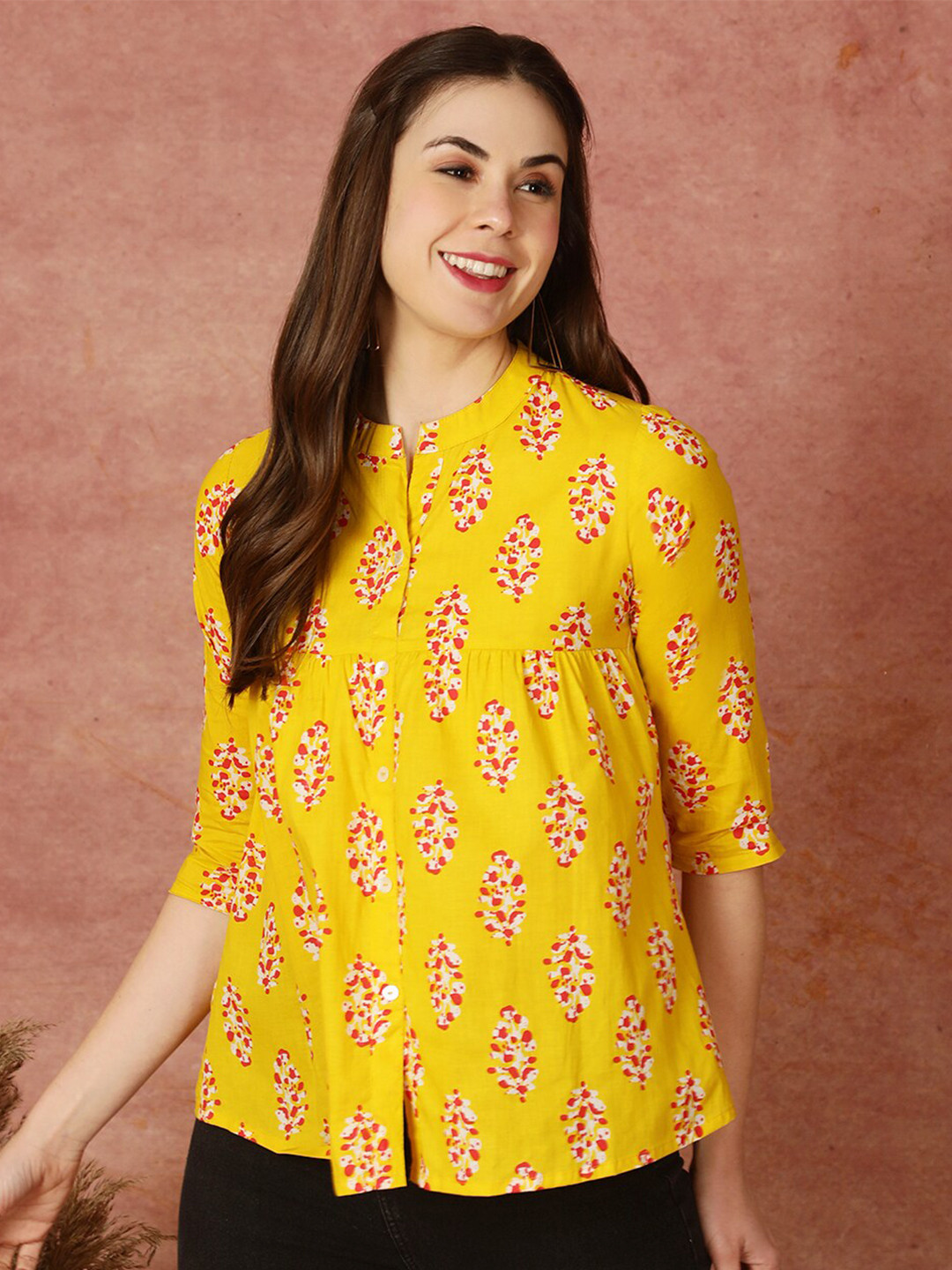 

antaran Floral Print Mandarin Collar Roll-Up Sleeves Cotton Shirt Style Top, Yellow