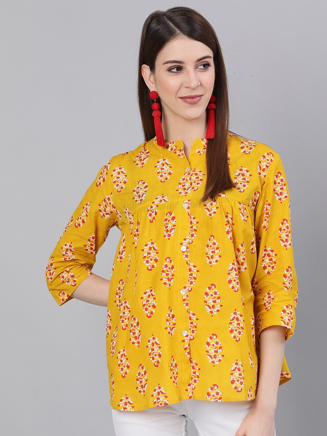 

antaran Floral Print Mandarin Collar Cotton Top, Yellow