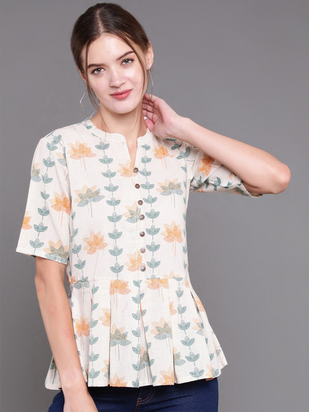 

antaran Floral Printed Mandarin Collar Cotton Peplum Top, White