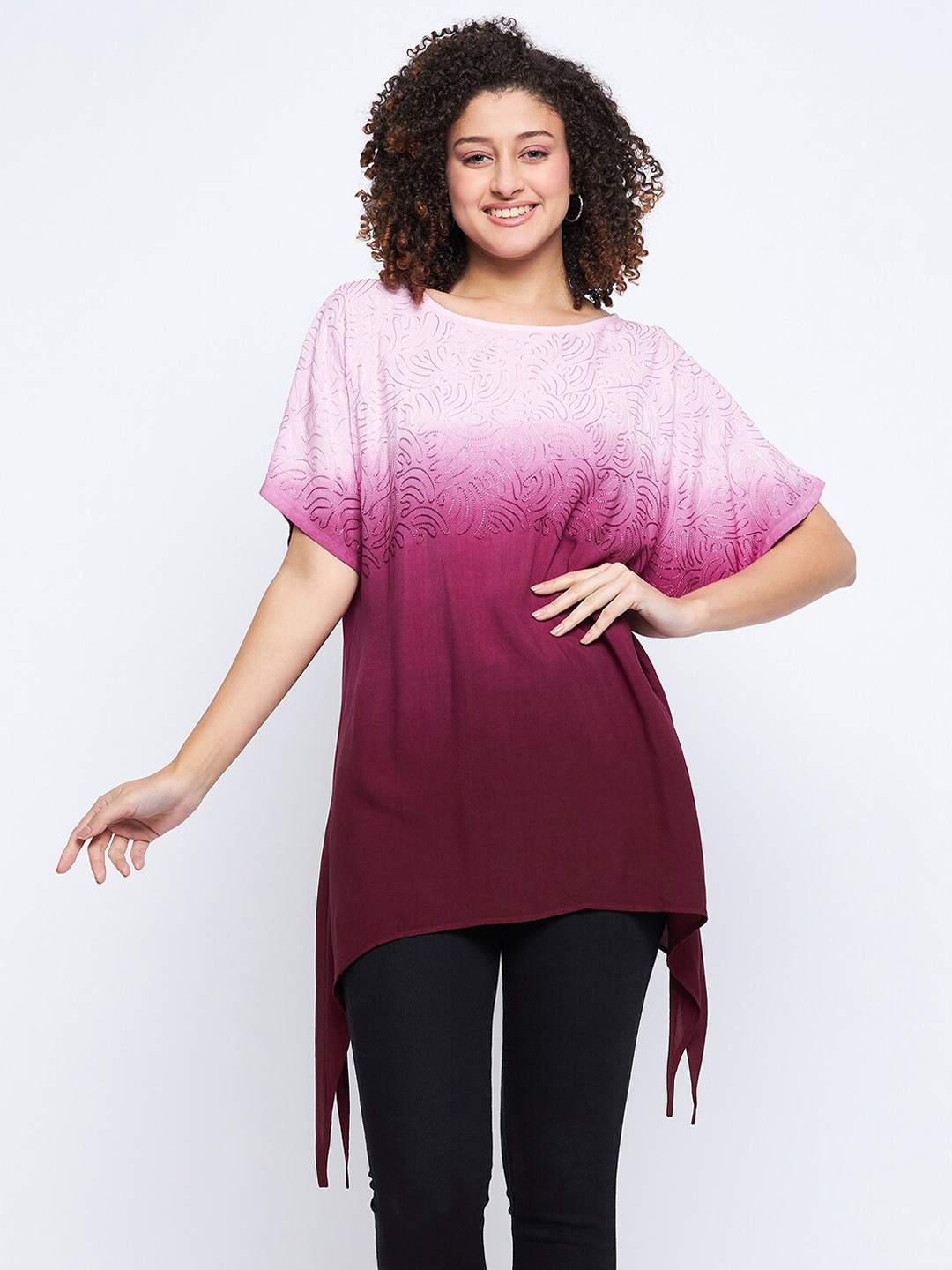 

Ruhaans Ombre Extended Sleeves High-Low Longline Top, Pink