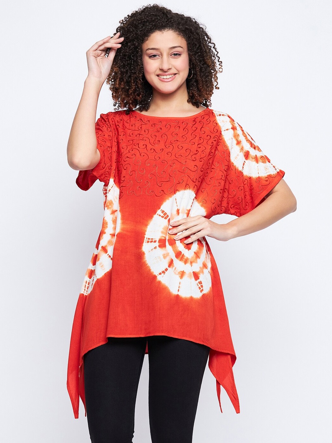 

Ruhaans Floral Print Cold-Shoulder Longline Top, Orange