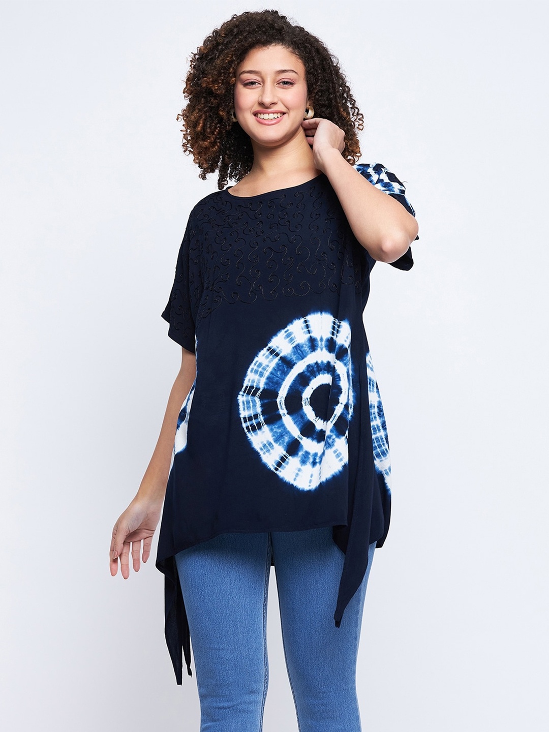 

Ruhaans Women Printed Extended Sleeves Longline Top, Navy blue