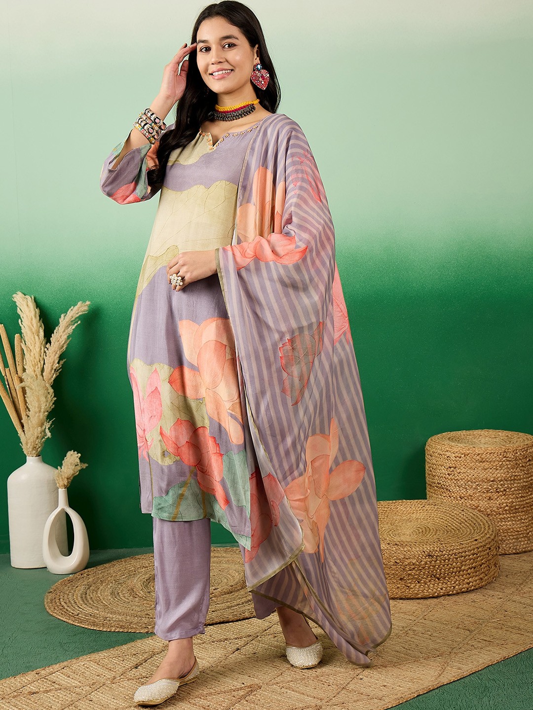 

Sangria Floral Printed Notch Neck Straight Kurta With Trousers & Dupatta, Lavender