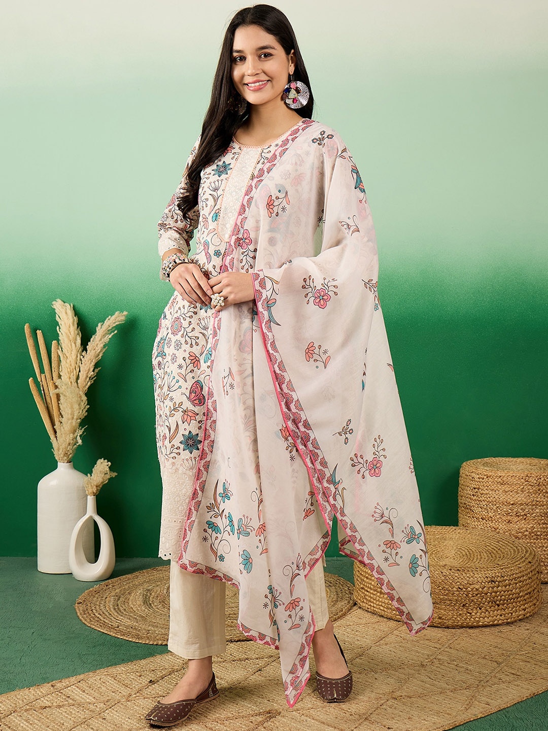 

Sangria Floral Printed Cotton Round Neck Straight Kurta With Trousers & Dupatta, White