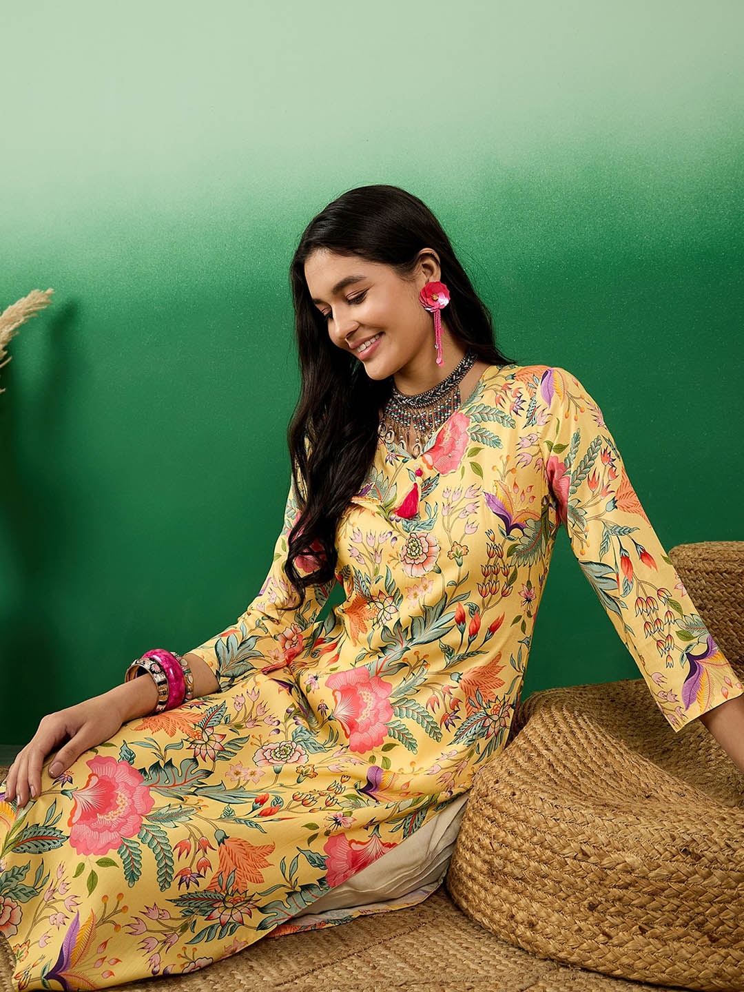 

Sangria V Neck Floral-Printed Straight Kurta, Yellow