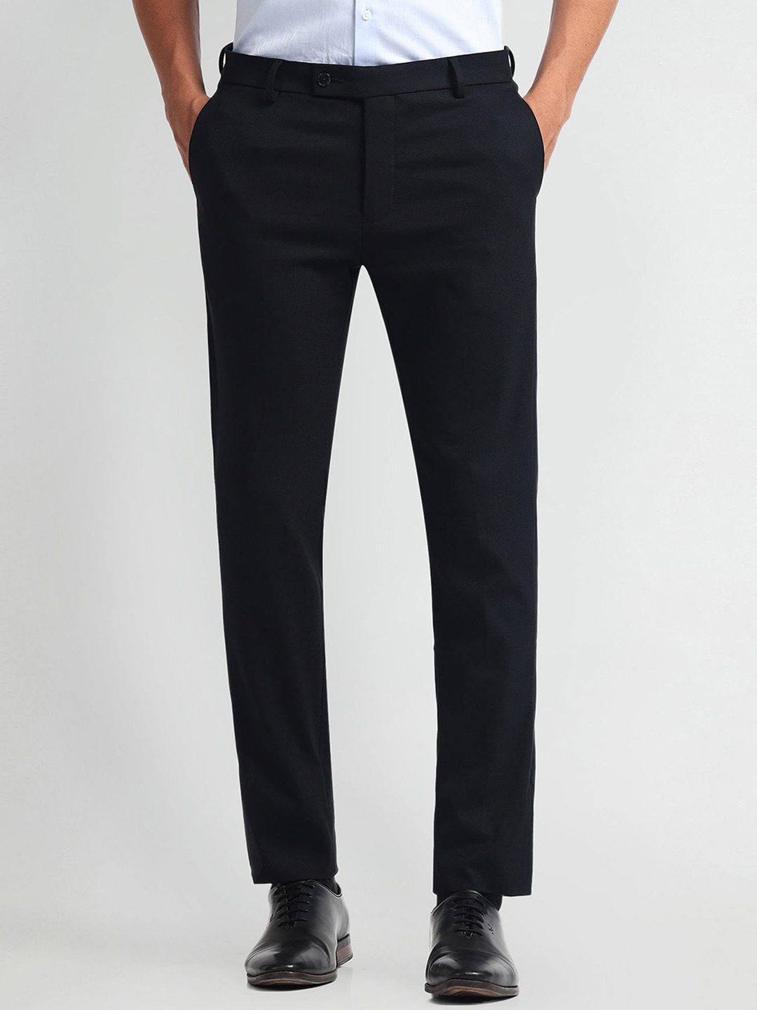 

Arrow Men Plain Smart Flex Mid-Rise Slim Fit Formal Trousers, Blue