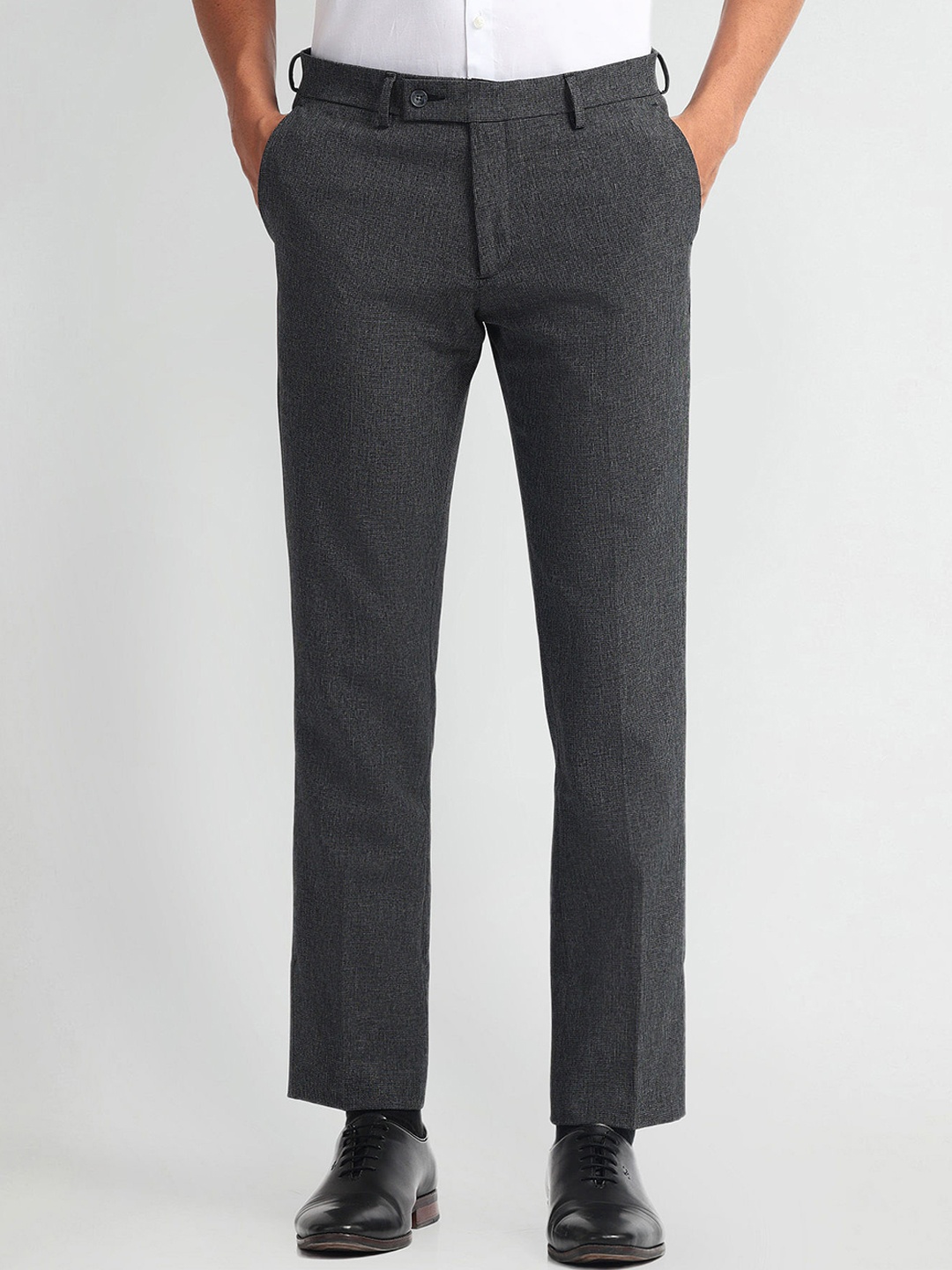 

Arrow Men Plain Mid-Rise Smart Flex Slim Fit Formal Trousers, Grey