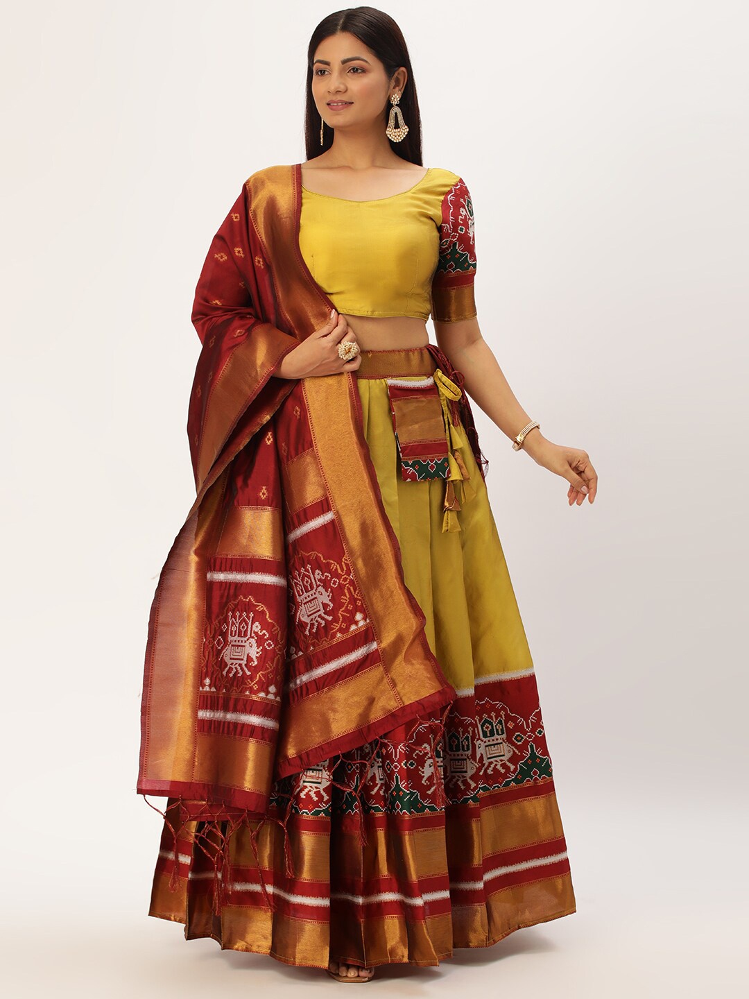 

Fabcartz Woven Design Art Silk Semi-Stitched Lehenga & Unstitched Blouse With Dupatta, Yellow