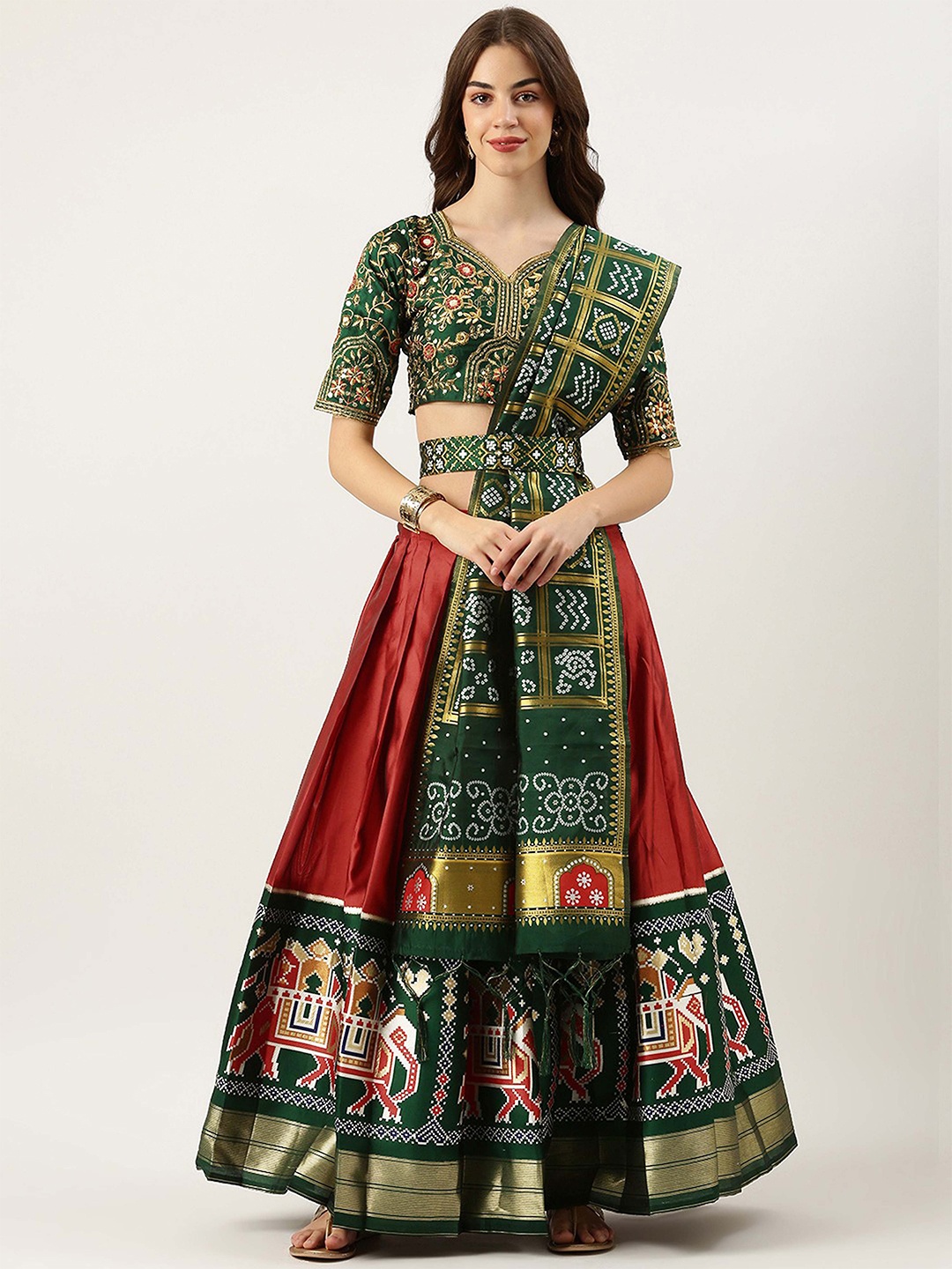 

Fabcartz Embroidered Semi-Stitched Lehenga & Unstitched Blouse With Dupatta, Red