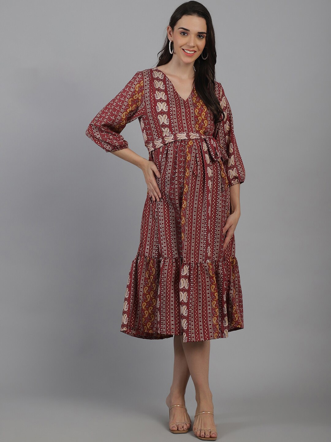 

Moms Maternity Ethnic Motifs Print Puff Sleeve Crepe Maternity A-Line Midi Dress, Maroon