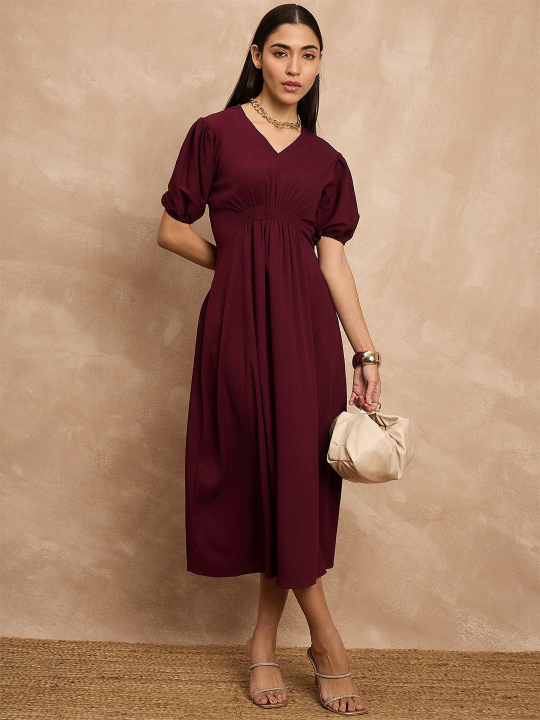 

all about you Puff Sleeves Empire Midi Dress, Maroon