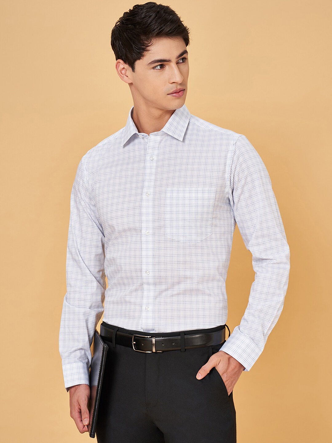 

BYFORD by Pantaloons Men Slim Fit Grid Tattersall Checks Opaque Checked Formal Shirt, White