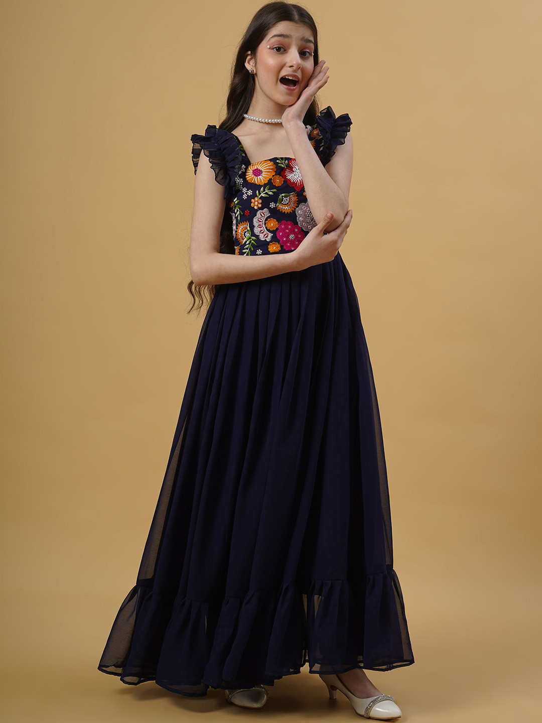 

Kedar Fab Floral Embroidered Square Neck Maxi Dress, Blue