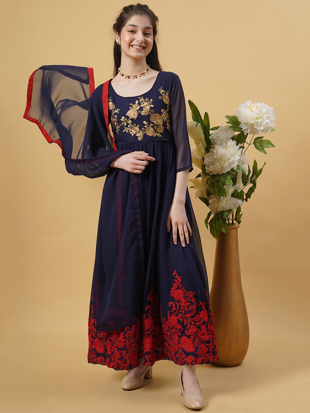 

Kedar Fab Floral Embroidered Maxi Ethnic Dress, Blue