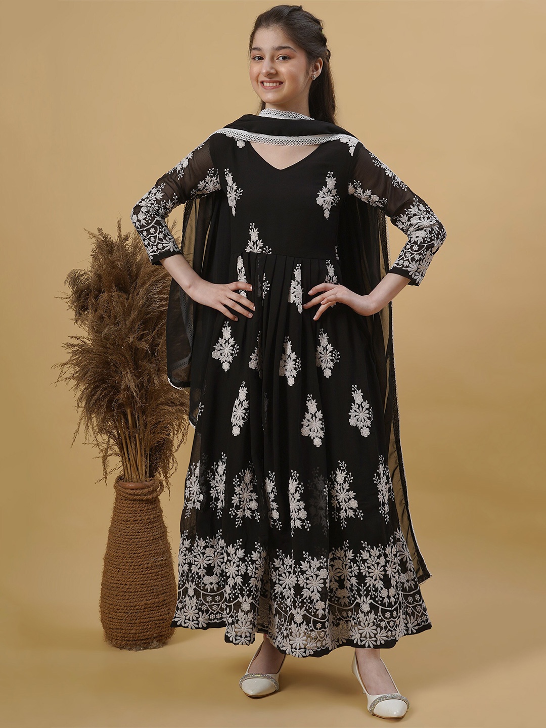 

Kedar Fab Floral Embroidered Maxi Ethnic Dress With Dupatta, Black