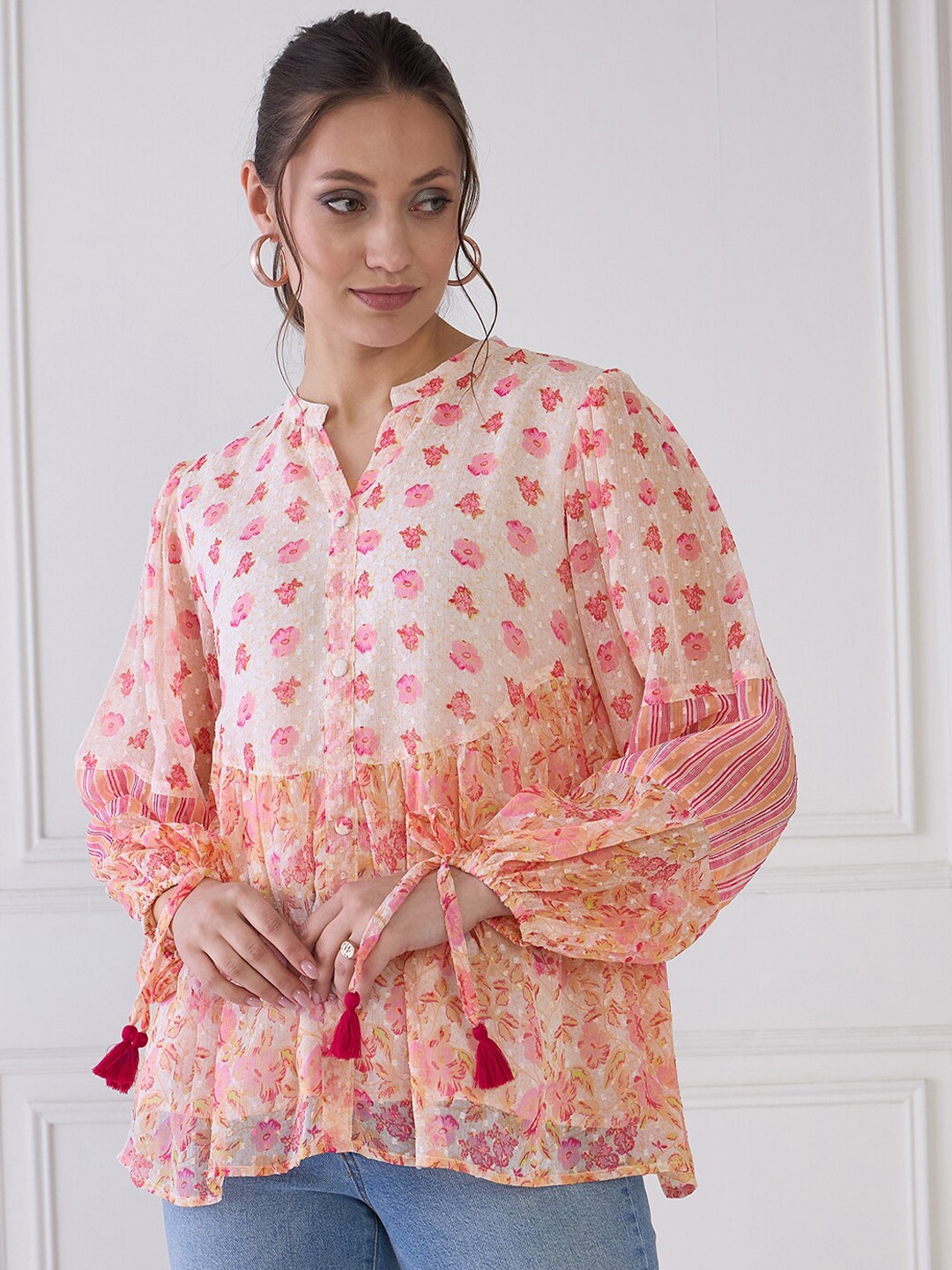 

MEDLEY BY ANTHEAA Floral Print Mandarin Collar Puff Sleeve Chiffon Top, Pink