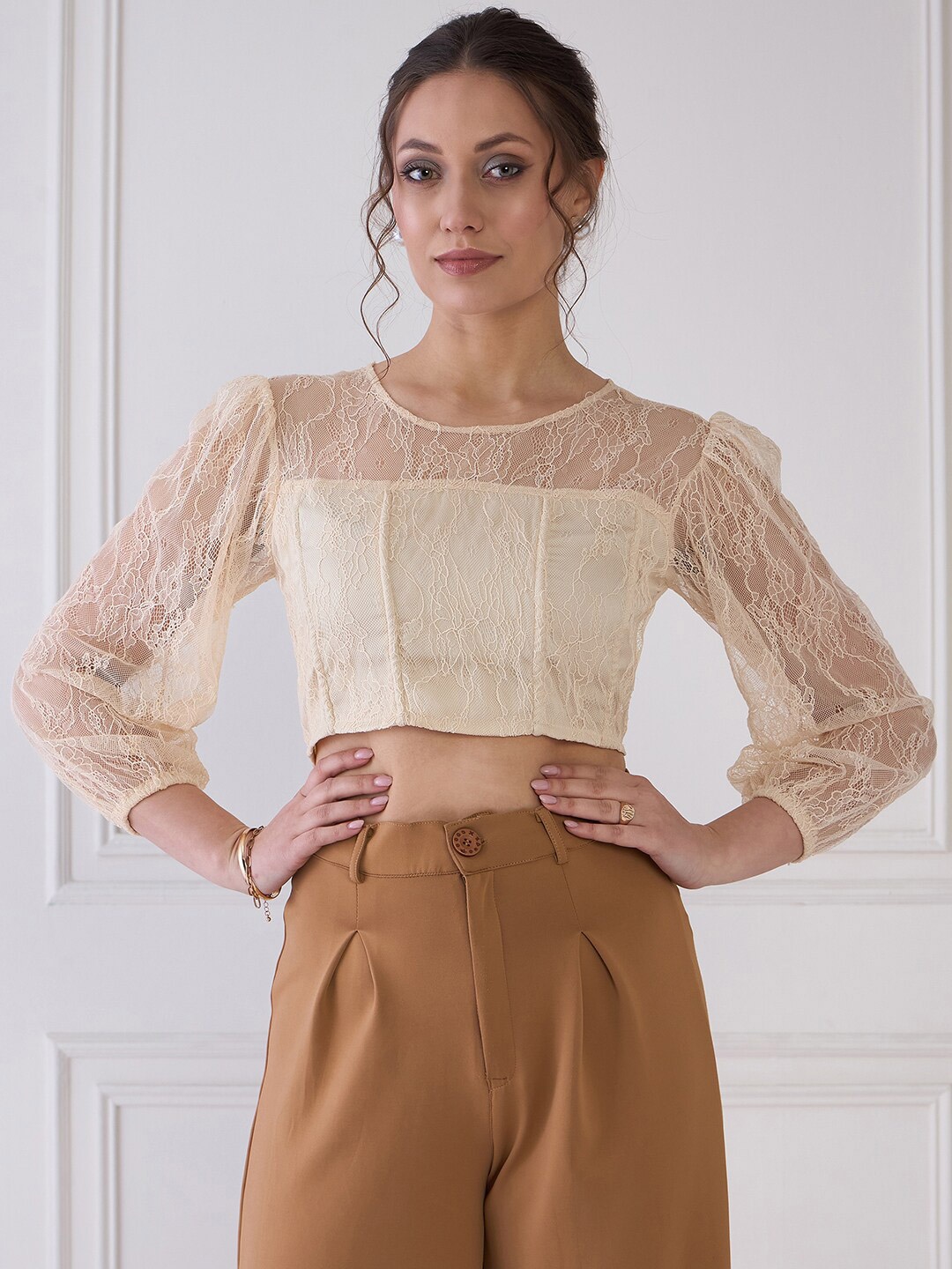 

MEDLEY BY ANTHEAA Puff Sleeve Layered Net Crop Top, Cream