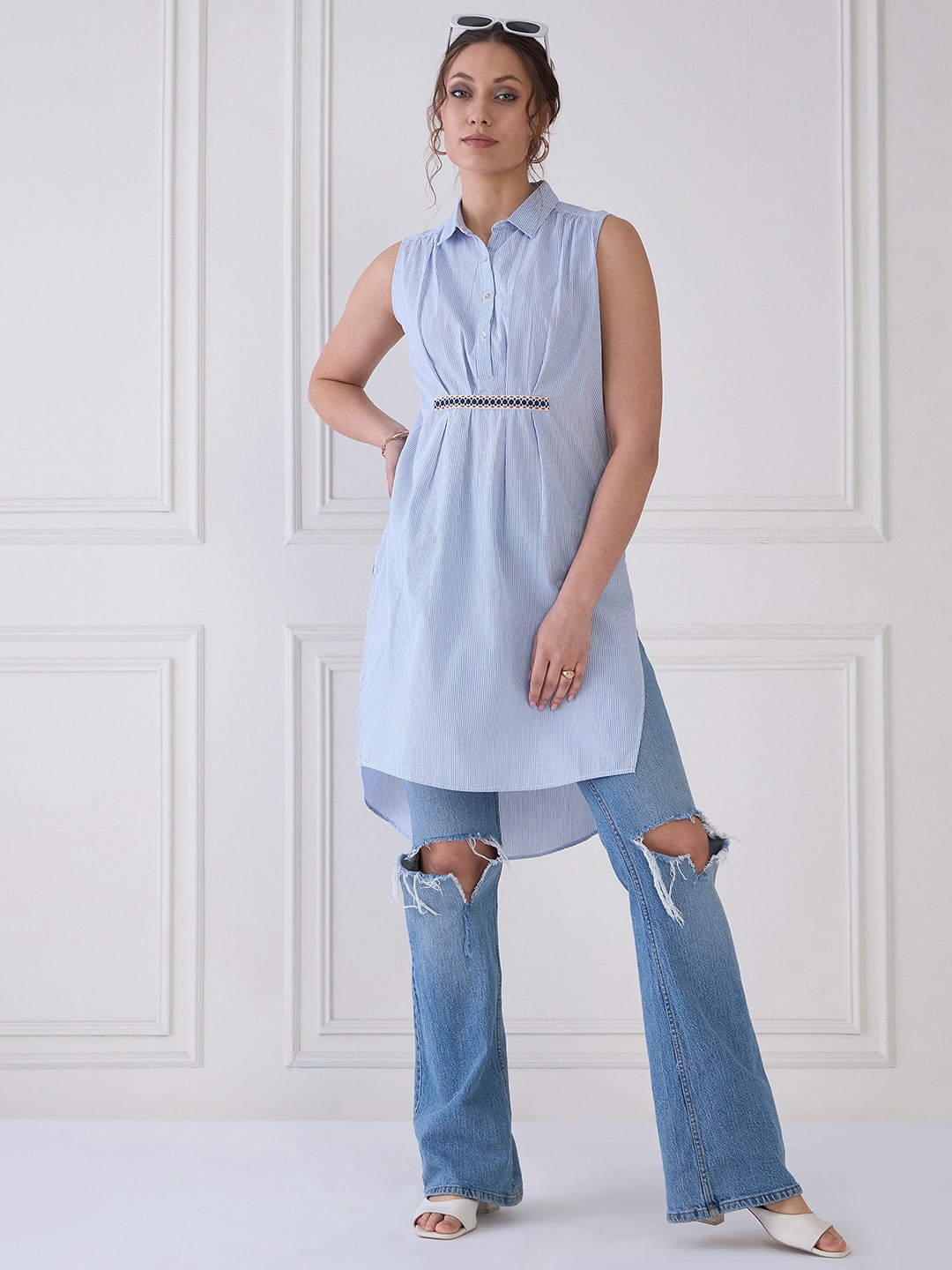 

MEDLEY BY ANTHEAA Striped Cotton Shirt Style Longline Top, White