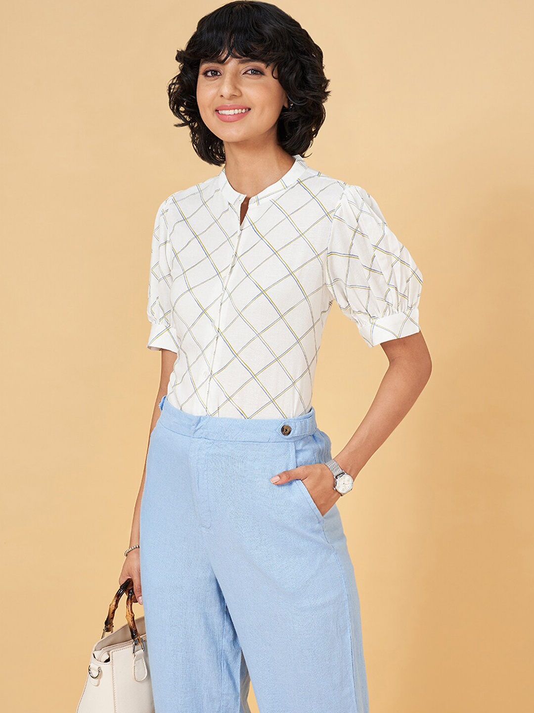 

Annabelle by Pantaloons Checked Mandarin Collar Cotton Shirt Style Top, Off white