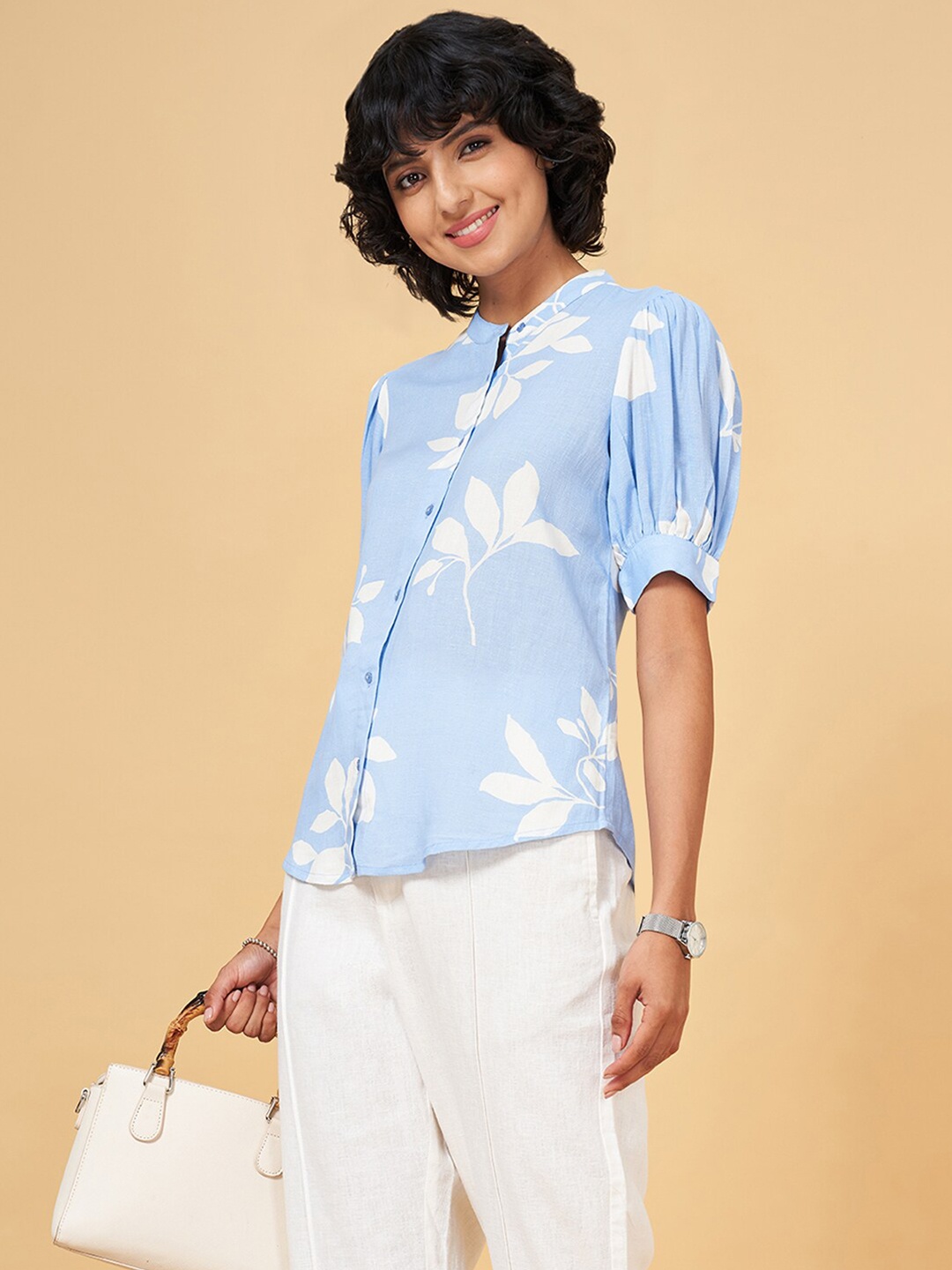 

Annabelle by Pantaloons Floral Print Roll-Up Sleeves Cotton Shirt Style Top, Blue