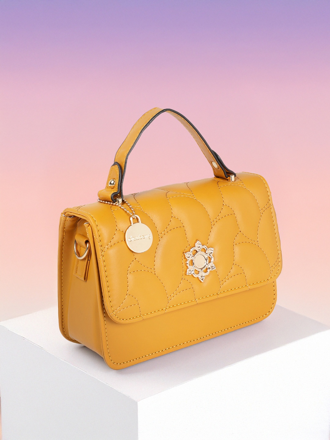 

DressBerry Structured Satchel Bag with Quilted Detail, Mustard