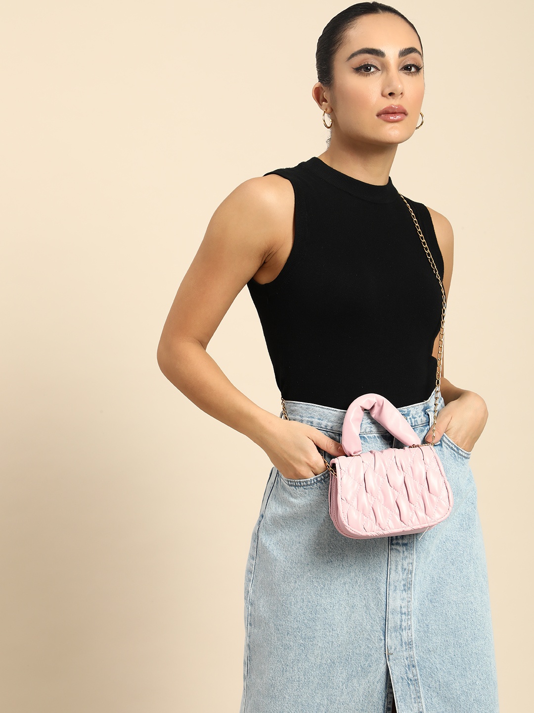 

DressBerry Textured Structured Satchel, Pink