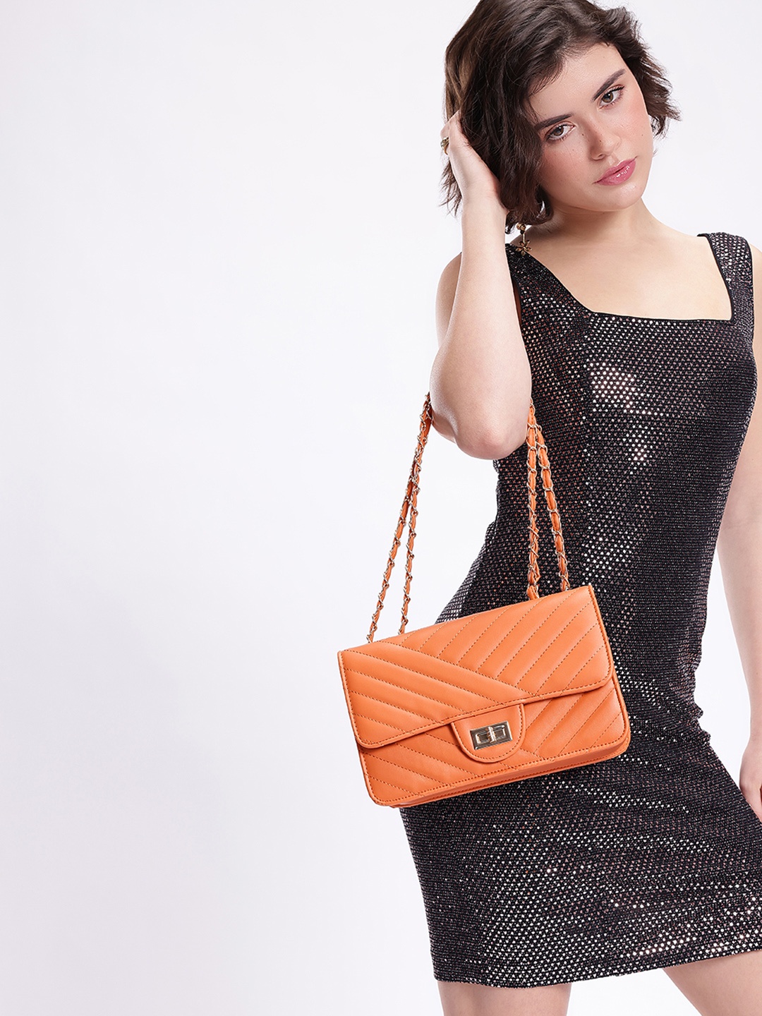 

DressBerry Structured Shoulder Bag with Quilted Detail, Rust