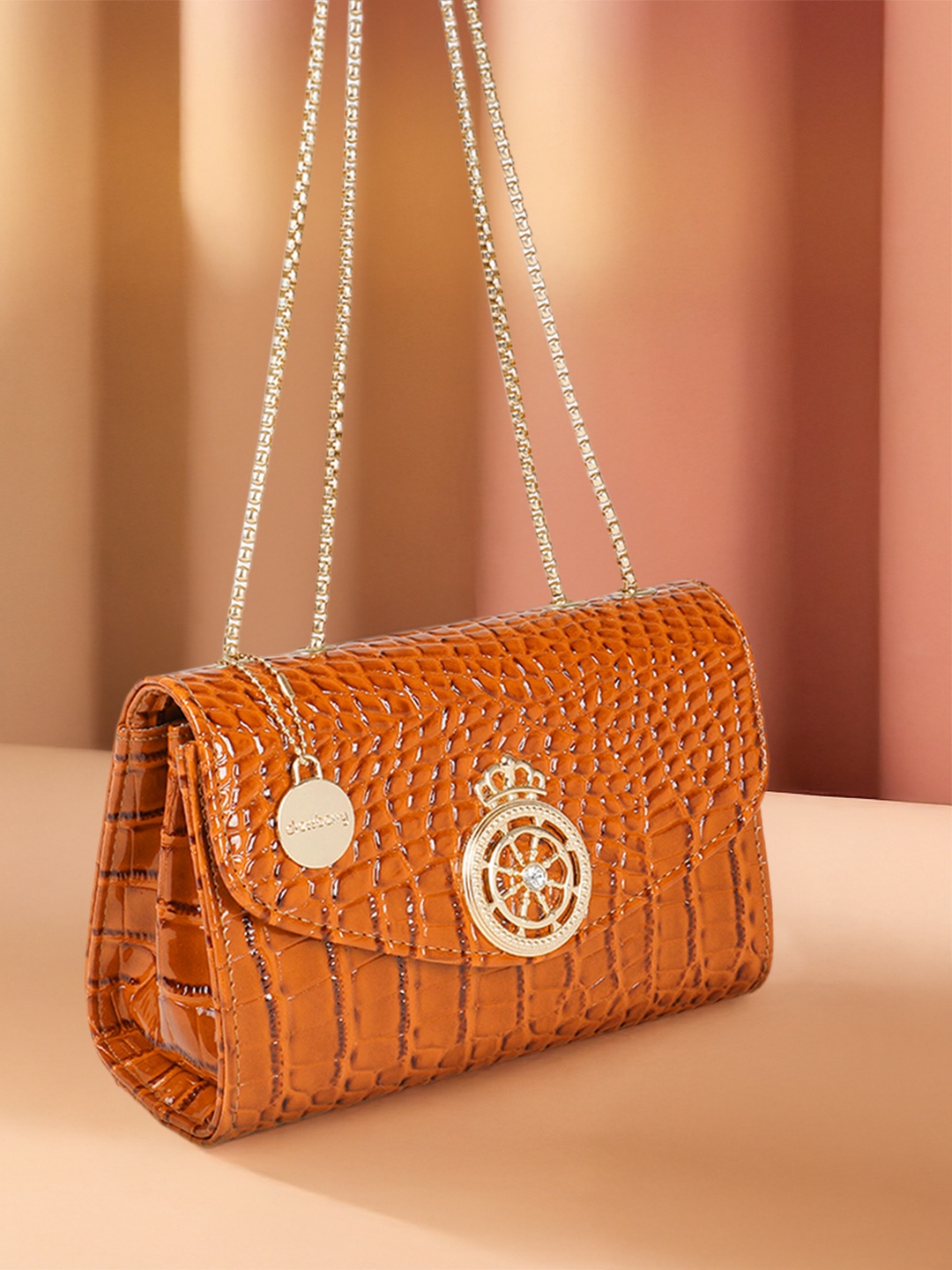 

DressBerry Animal Textured Structured Shoulder Bag with Embellished Detail, Brown